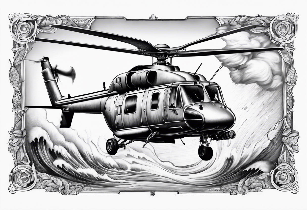 a helicopter dropping water on a fire with a bucket tattoo idea