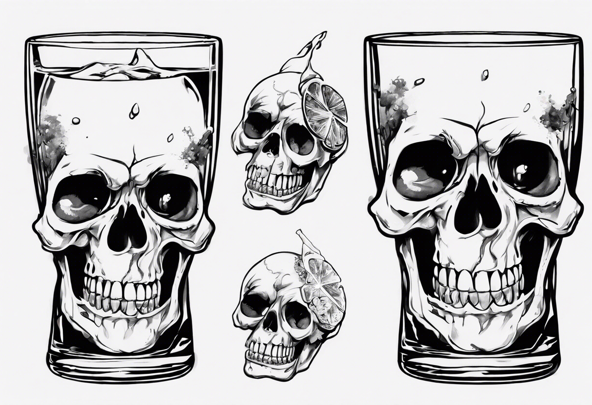 A happy, looking to the left scull inside the glass with alcohol and piece of lime tattoo idea