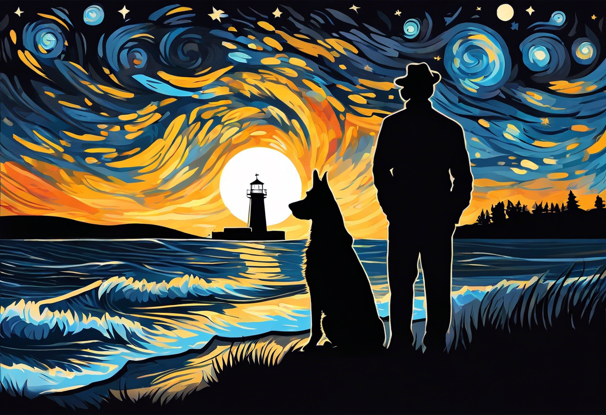 A silhouette of a german shephard, and a human male, looking up at a night sky in the style of Van Gogh Starry Night with a lighthouse in the background. Make the image twice as tall as it is wide. tattoo idea