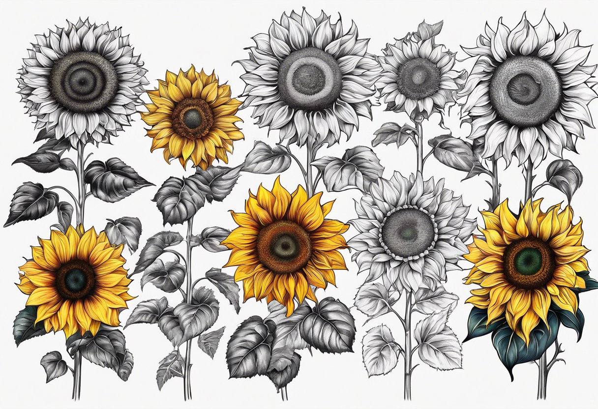 7 different species of sunflower laid out in 2 diagonal rows outline tattoo idea