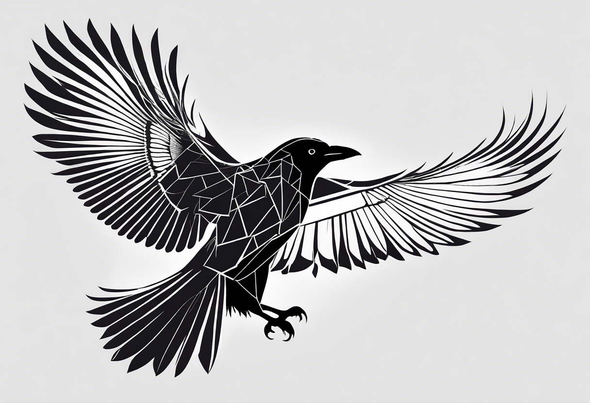silhouette of a crow with half open wings
every line must be straight
leftside of the body geometric
rightside of the body real tattoo idea
