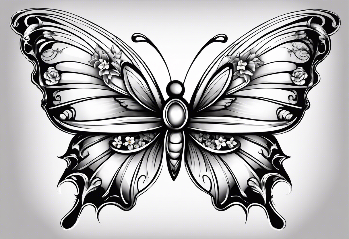 Butterfly with one side of the wings as angel wings, the other  wing shaped out of lily flowers. Add daffodil and daisy’s around the top and bottom tattoo idea