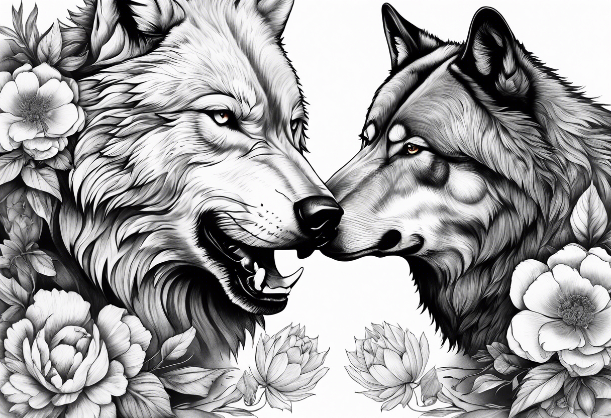 Wolf fighting with bear with peonies and smoke tattoo idea