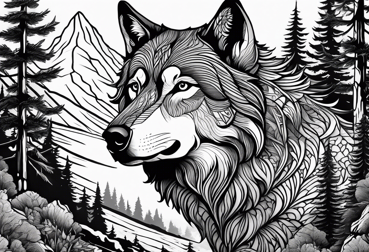 Halber Wolf
Keltische Runen
Vor einen Wald mit Bergen tattoo idea