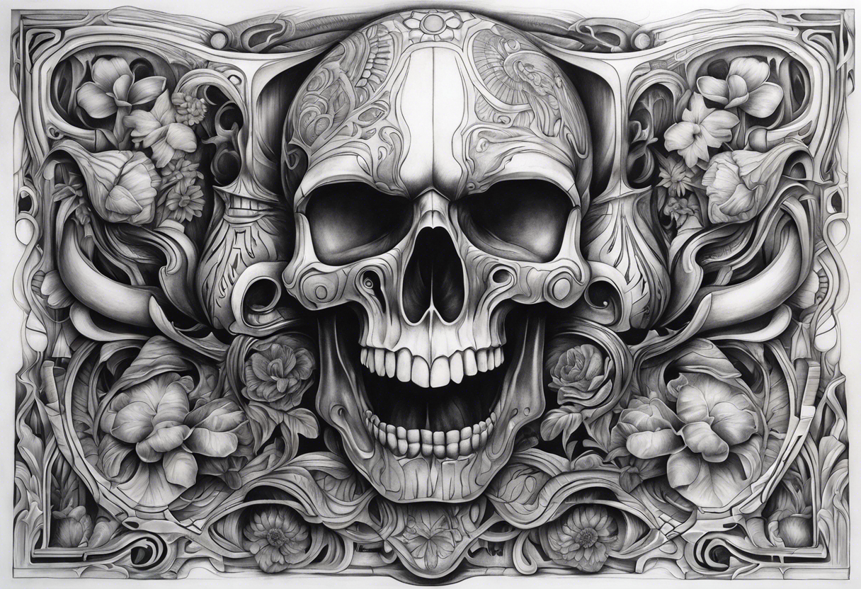 H.R. Giger mean skulls, water flow shapes, geometric shapes, flowers, using blues and fall colors tattoo idea