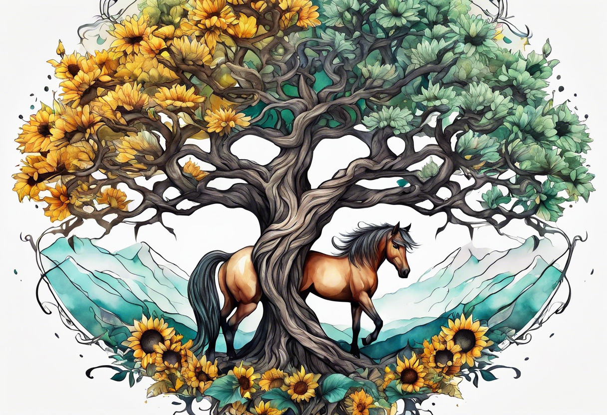 Yggdrasil tree, horse, sunflower tattoo idea