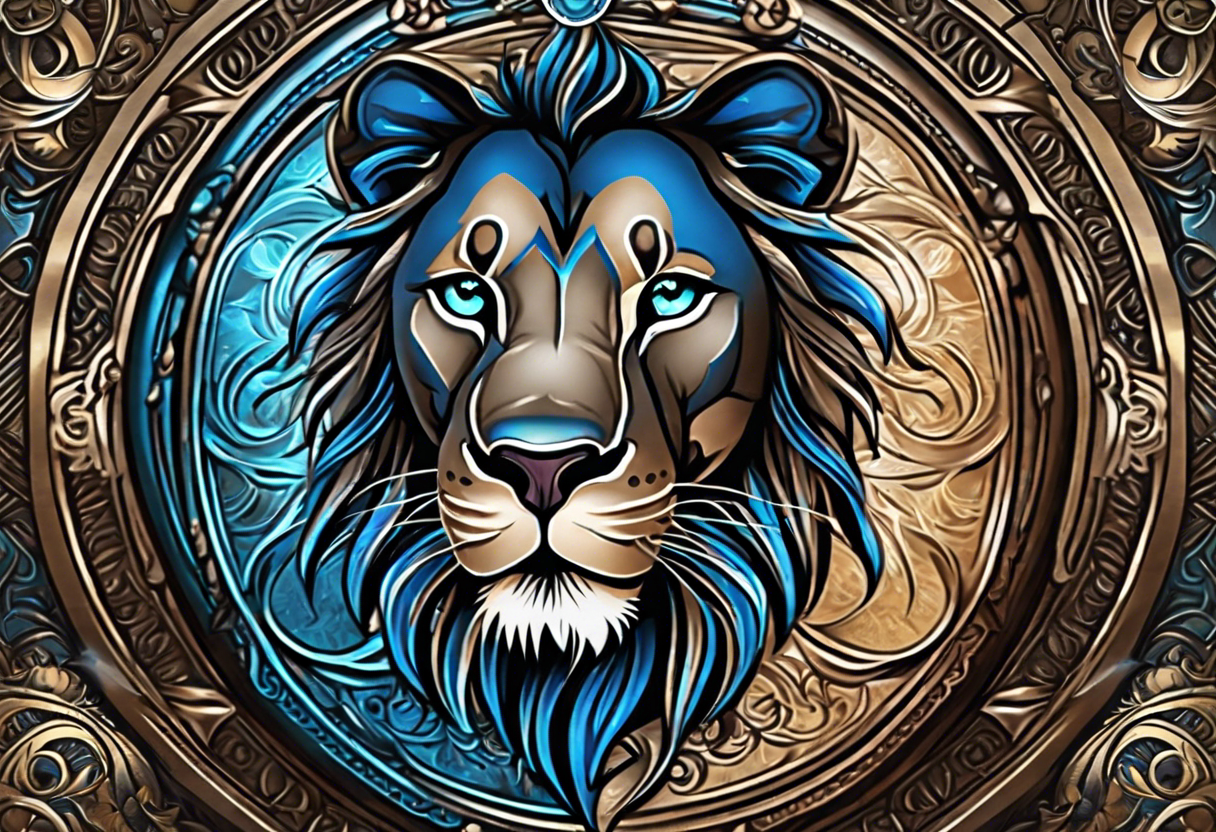 face of a lion with a third eye. Left eye blue, right eye brown. The third eye on the forehead is abstract. Around the muzzle there is a compass bezel tattoo idea