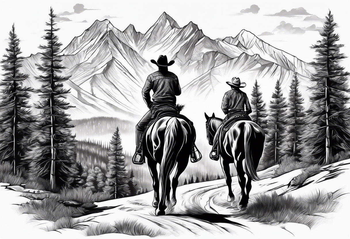 Cowboy with head down riding toward you with mountains aspen and pines tattoo idea