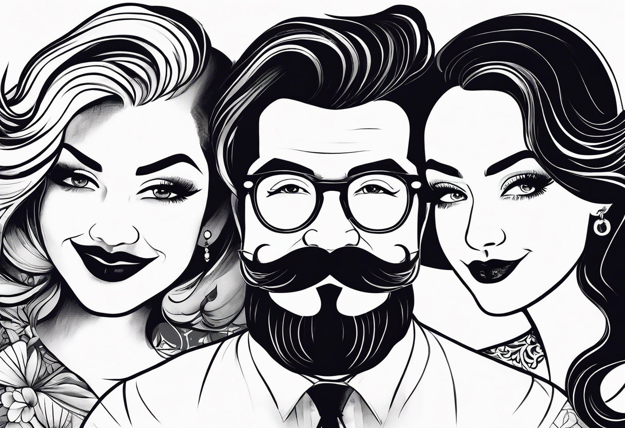 four teeth with attributes of a family: one with mustache, one with lady eyelashes, one smaller with a bow on its head and one smaller in short pants tattoo idea