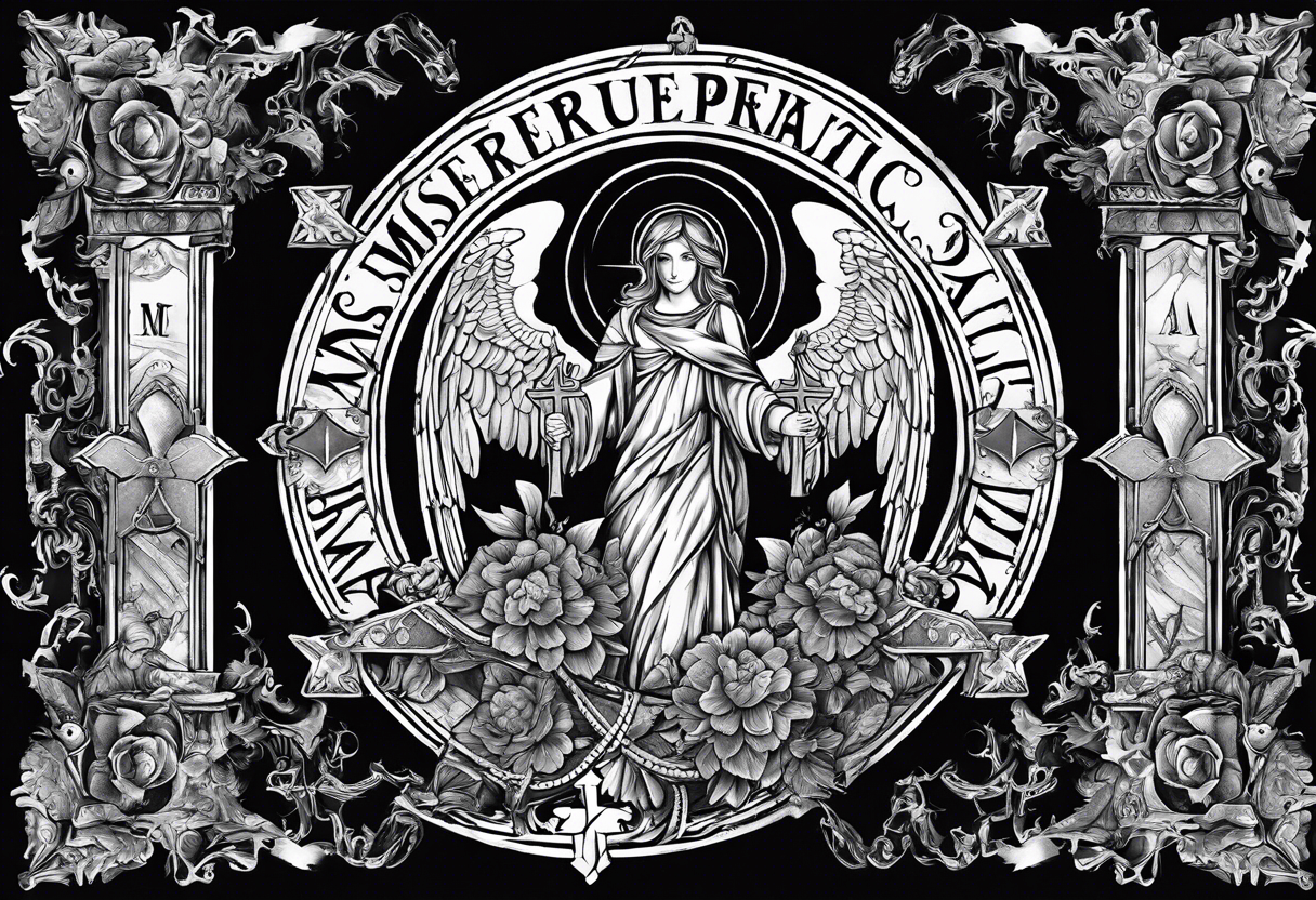 Writing: "In Omina Paratus" with a damaged cross in the middle and angels on both sides one with a glock and one with an AK47 tattoo idea