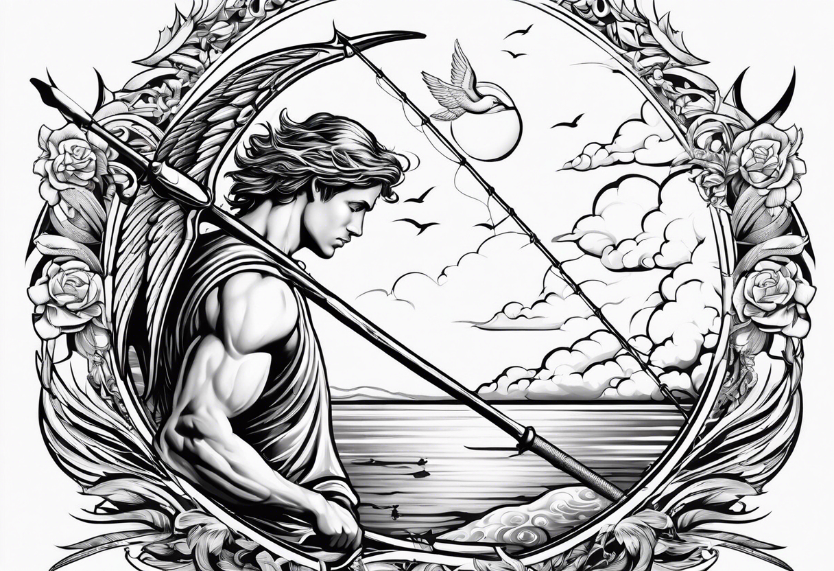 male angel with halo fishing in on a shore tattoo idea