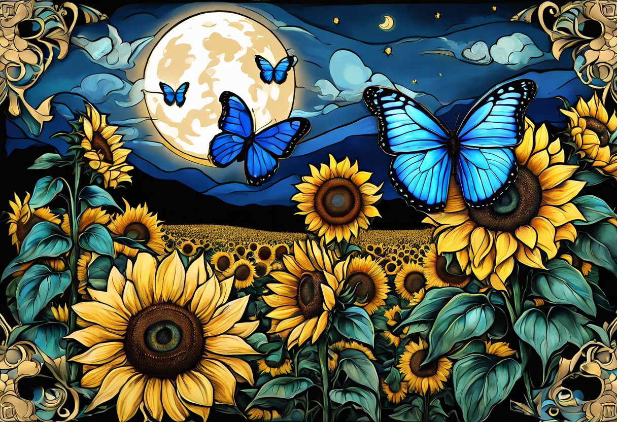 Full moon, blue morpho butterflies and sunflowers. tattoo idea