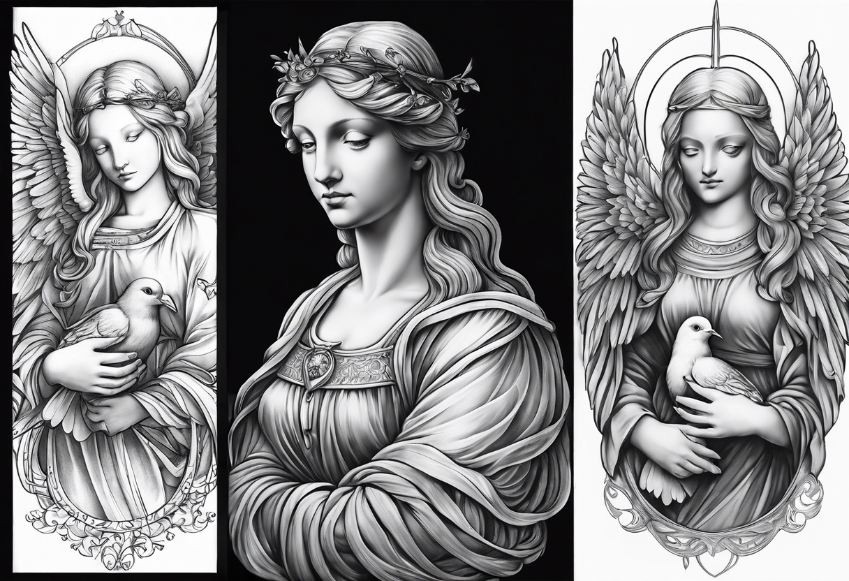 Angel with a Dove and Leonaro Da vinci Sleeve tattoo idea