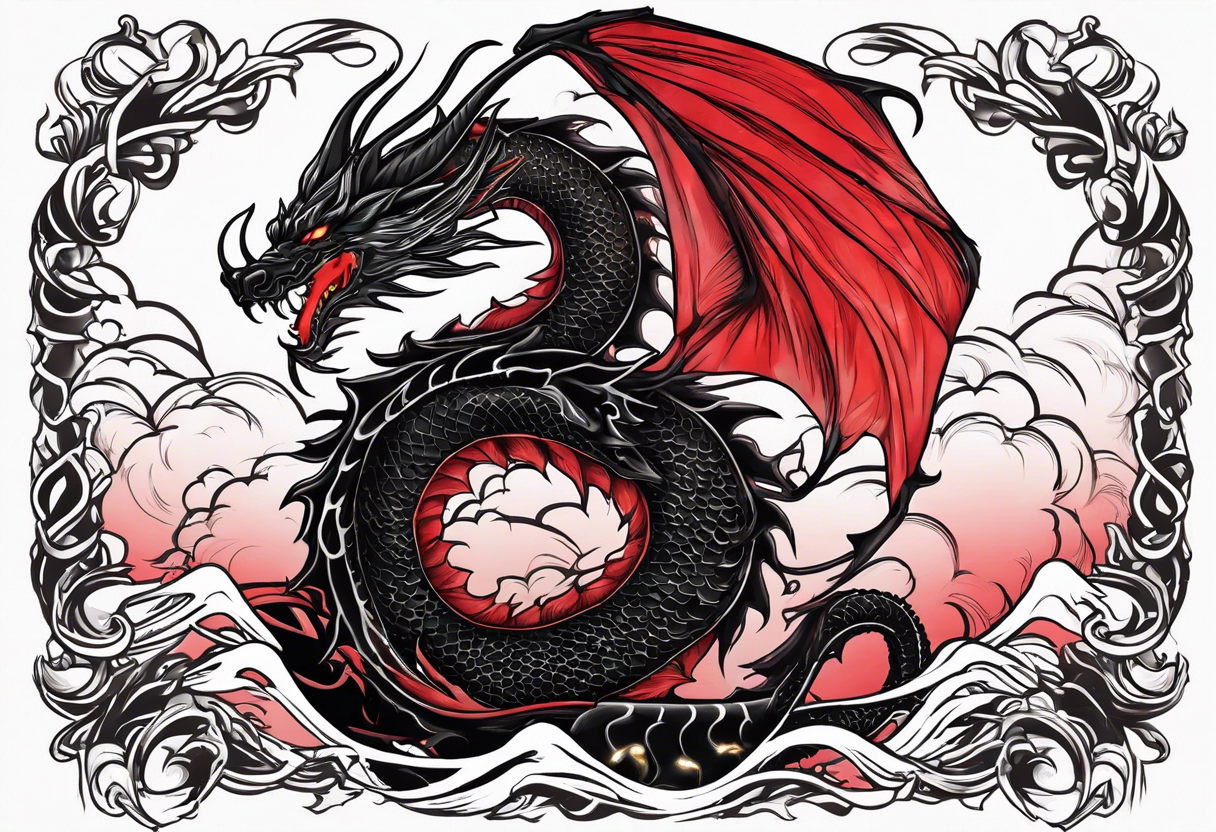 Black dragon. Red Lycoris radiata. Lightning. No background. tattoo idea