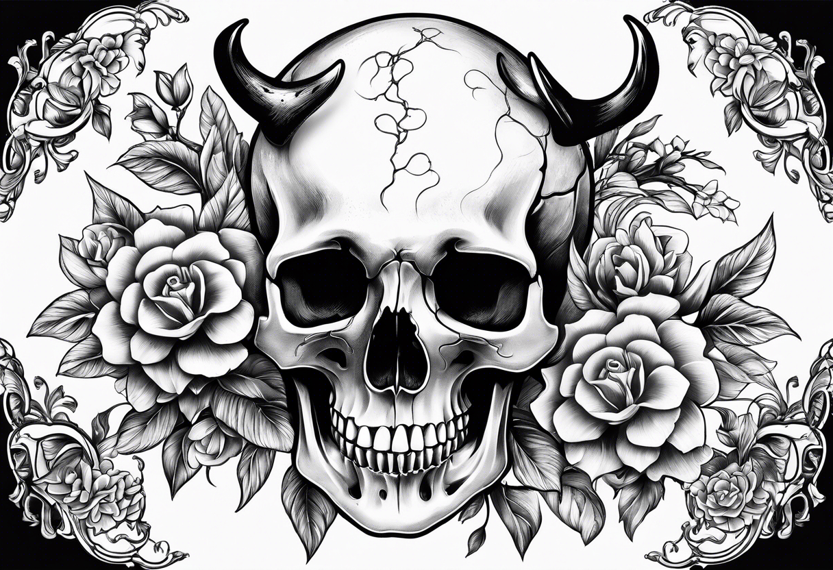 roller coaster track going around human skull, a deer skull, and flowers tattoo idea