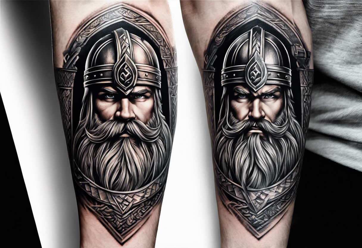 cool viking themed sleave on whole right arm ship axe shield tattoo idea