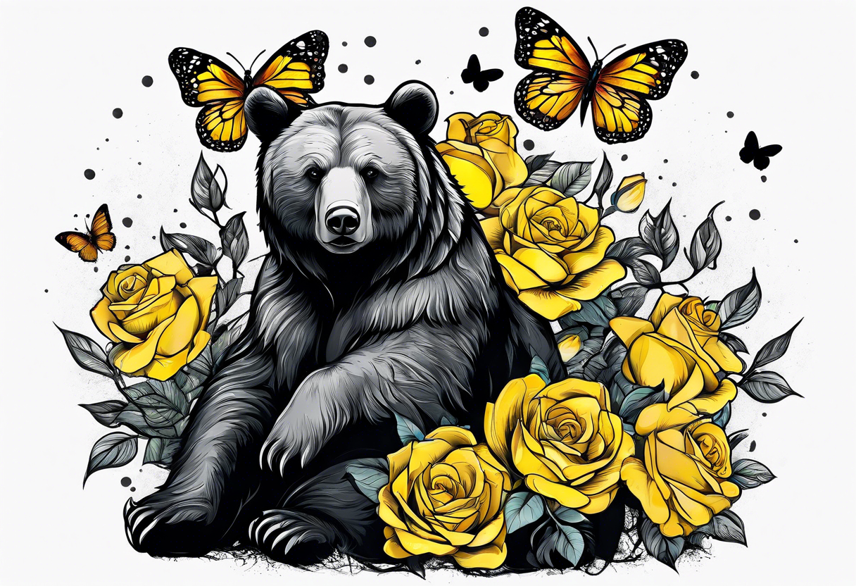 Bear under the tree of life with yellow roses and three butterflies for an upper arm tattoo. tattoo idea