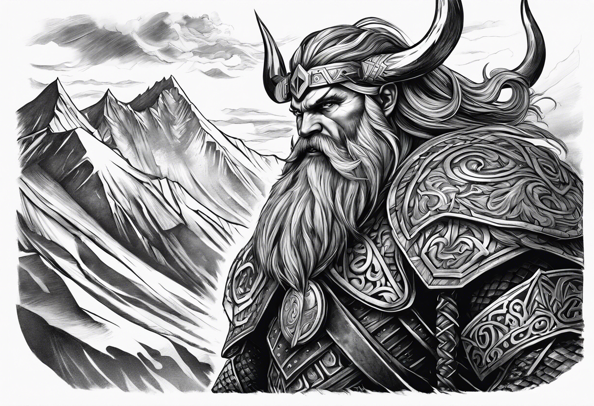 Norse mythology, ultra realism, Viking, war, battle, storm, chaos,  detailed, ragnarok, mountains, frost giant tattoo idea