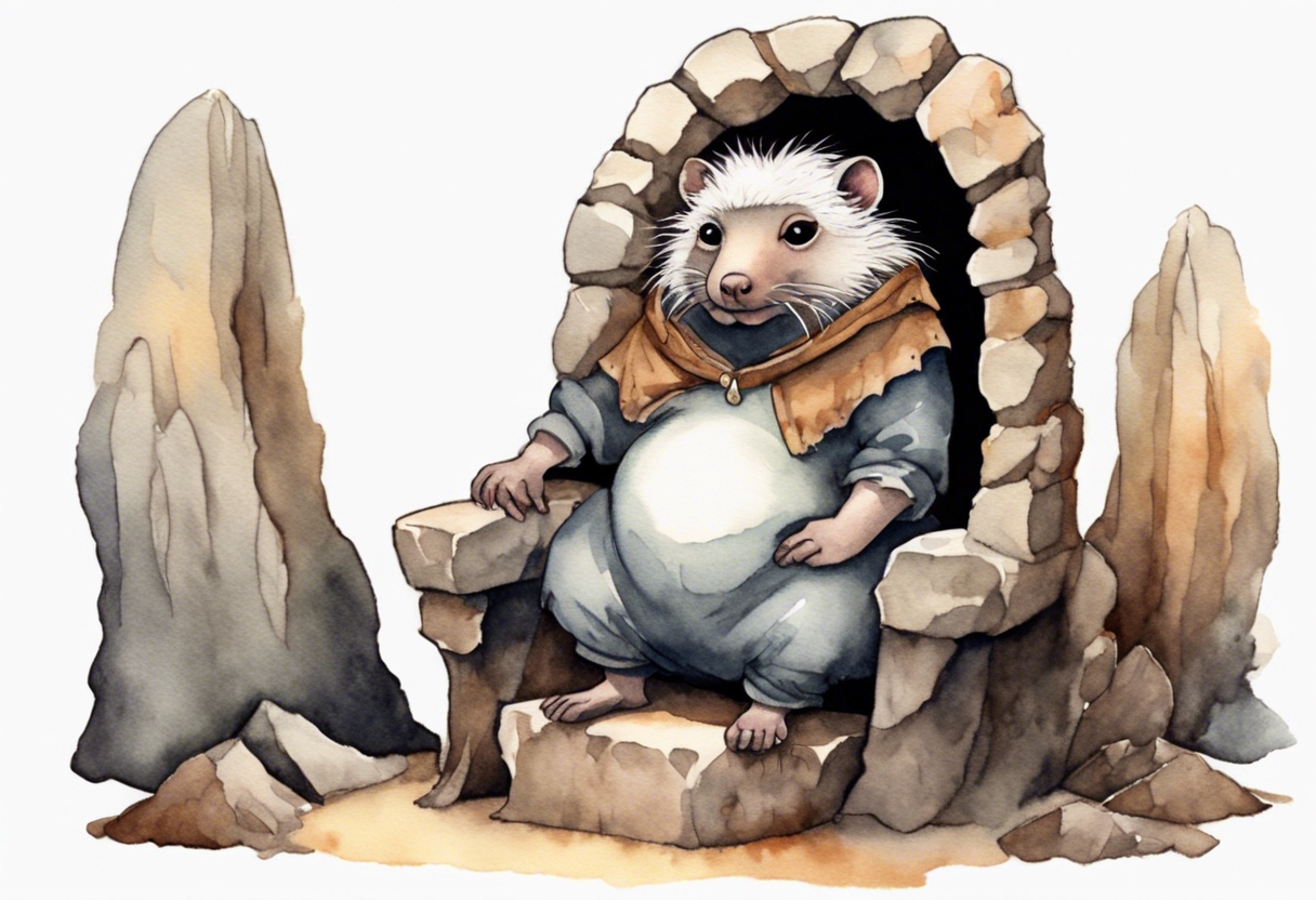 a solitary fat female mole with skin covered in short white fur with brown dreadlocks and big eyes sitting in stone throne in a cave tattoo idea