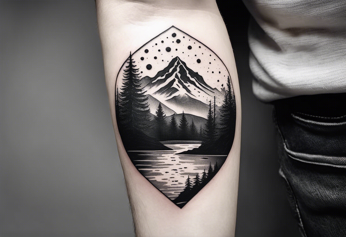 A snow capped mountain with pine trees and a river flowing to the right tattoo idea