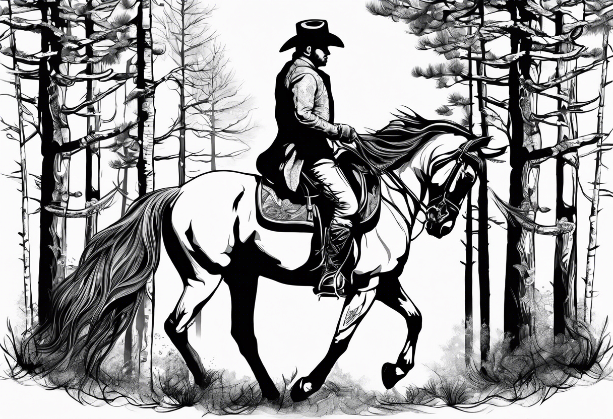 Rider on horseback with head down with aspen and pines tattoo idea