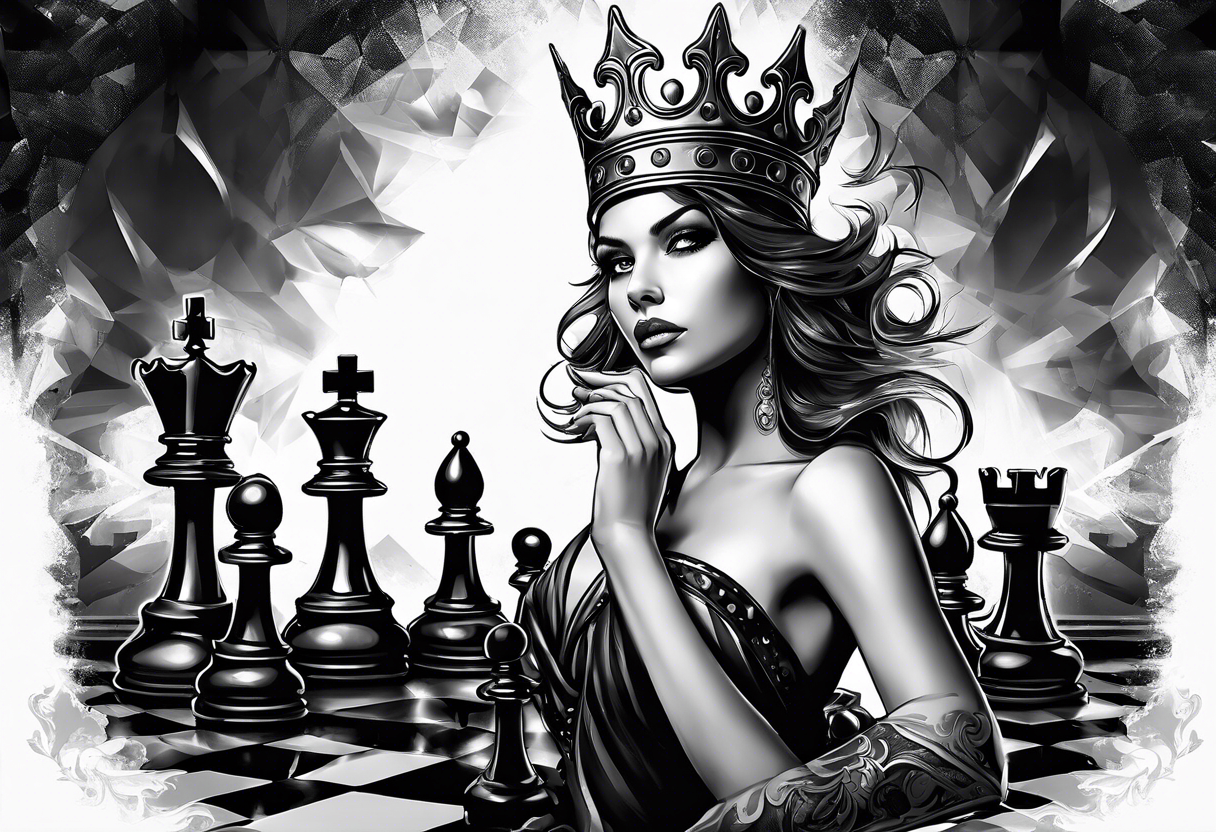 Capture the intense moment of checkmate in the game, with the angelic queen delivering the final move, signaling the triumph of good over evil in this strategic battle. tattoo idea