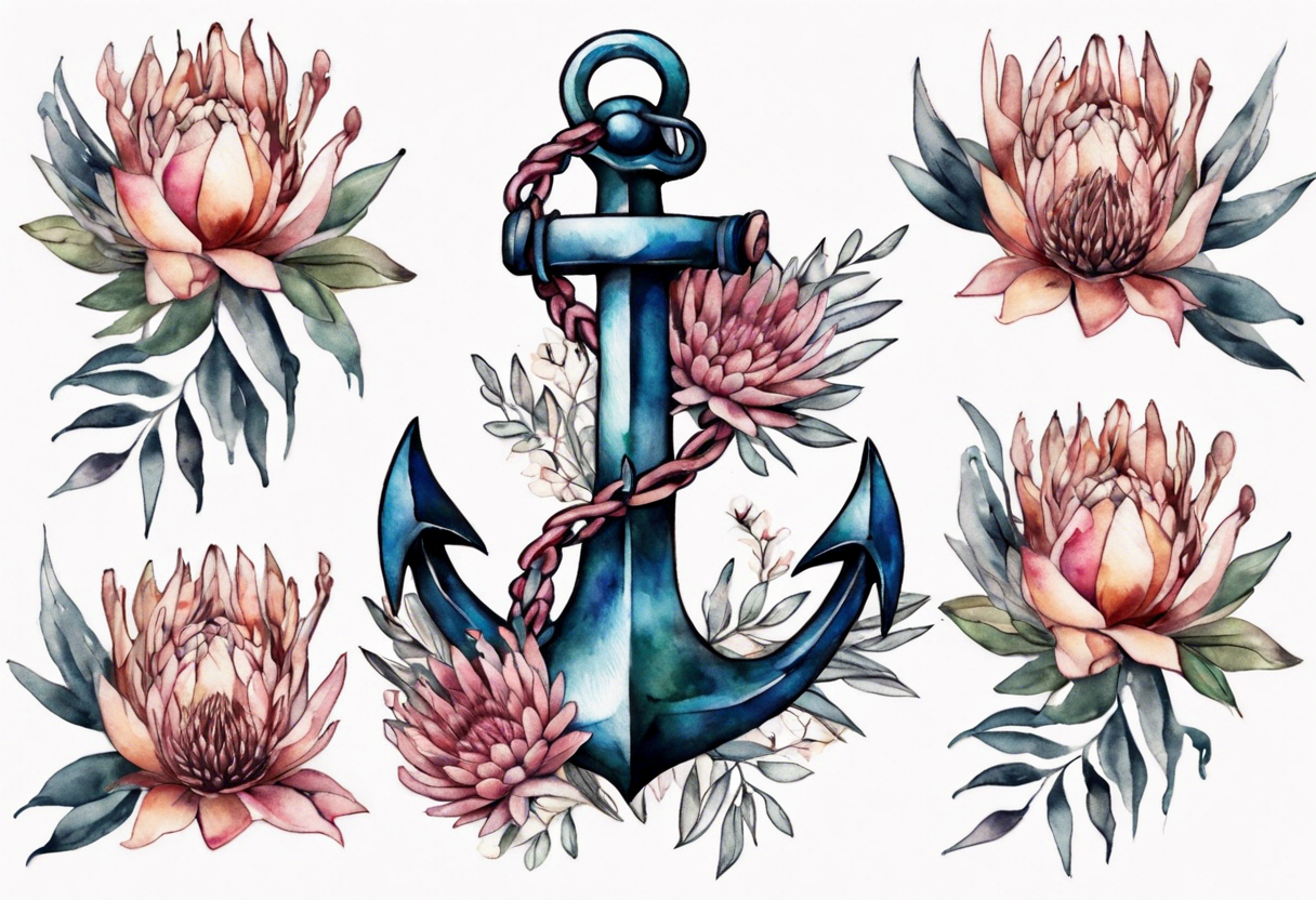 Very feminine tattoo of an anchor with protea flowers tattoo idea