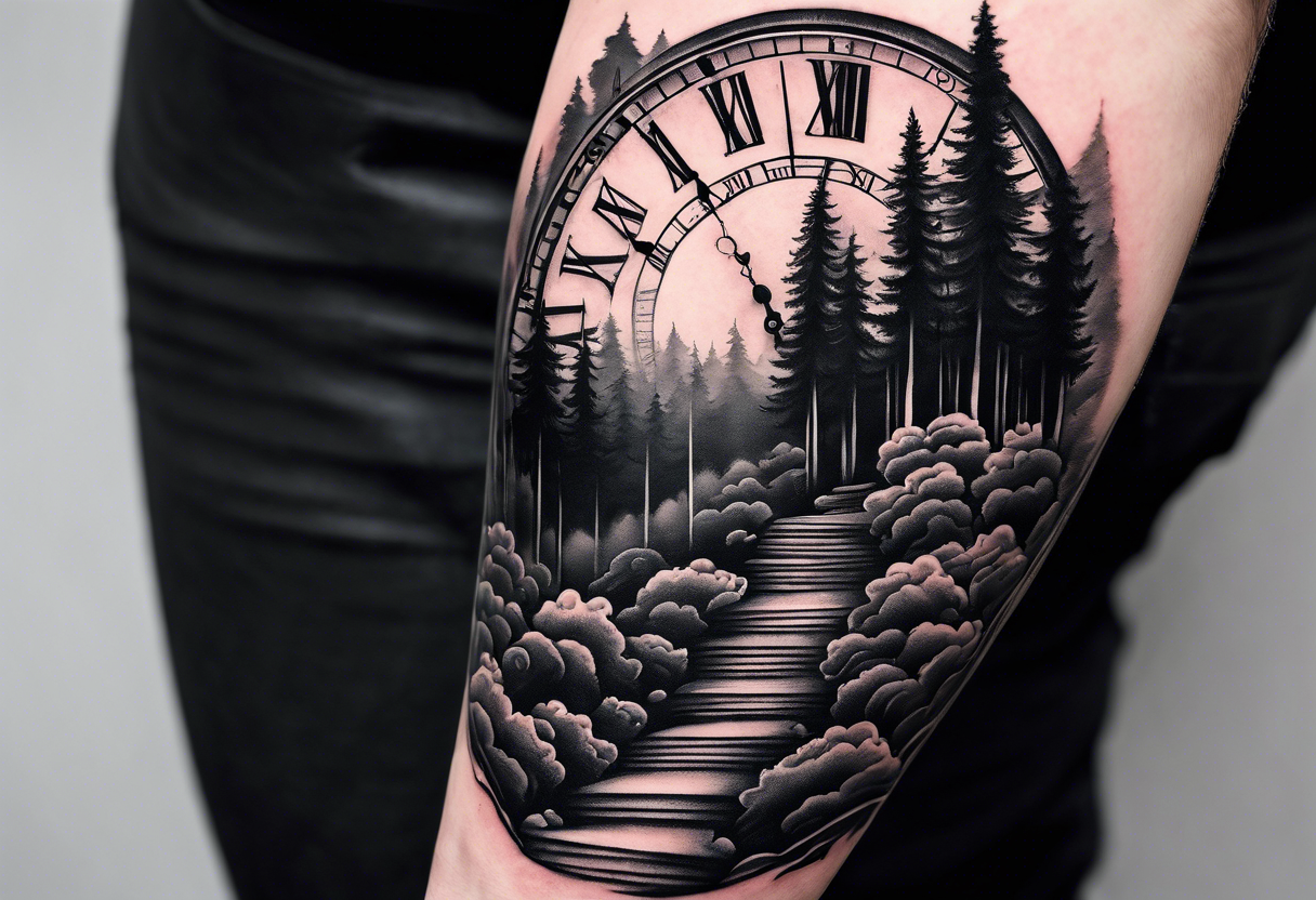 forearm sleeve, time, stairs, forest tattoo idea