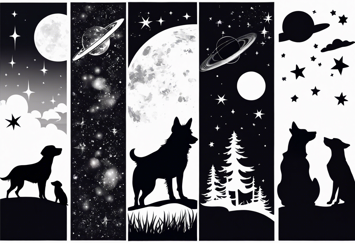 4 silhouettes looking up at outer space. 3 of the silhouettes must be dogs. 1 of the silhouettes must be an adult human male. tattoo idea