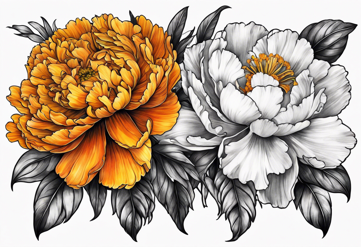 marigold, peony, and narcissus lined up side by side tattoo idea