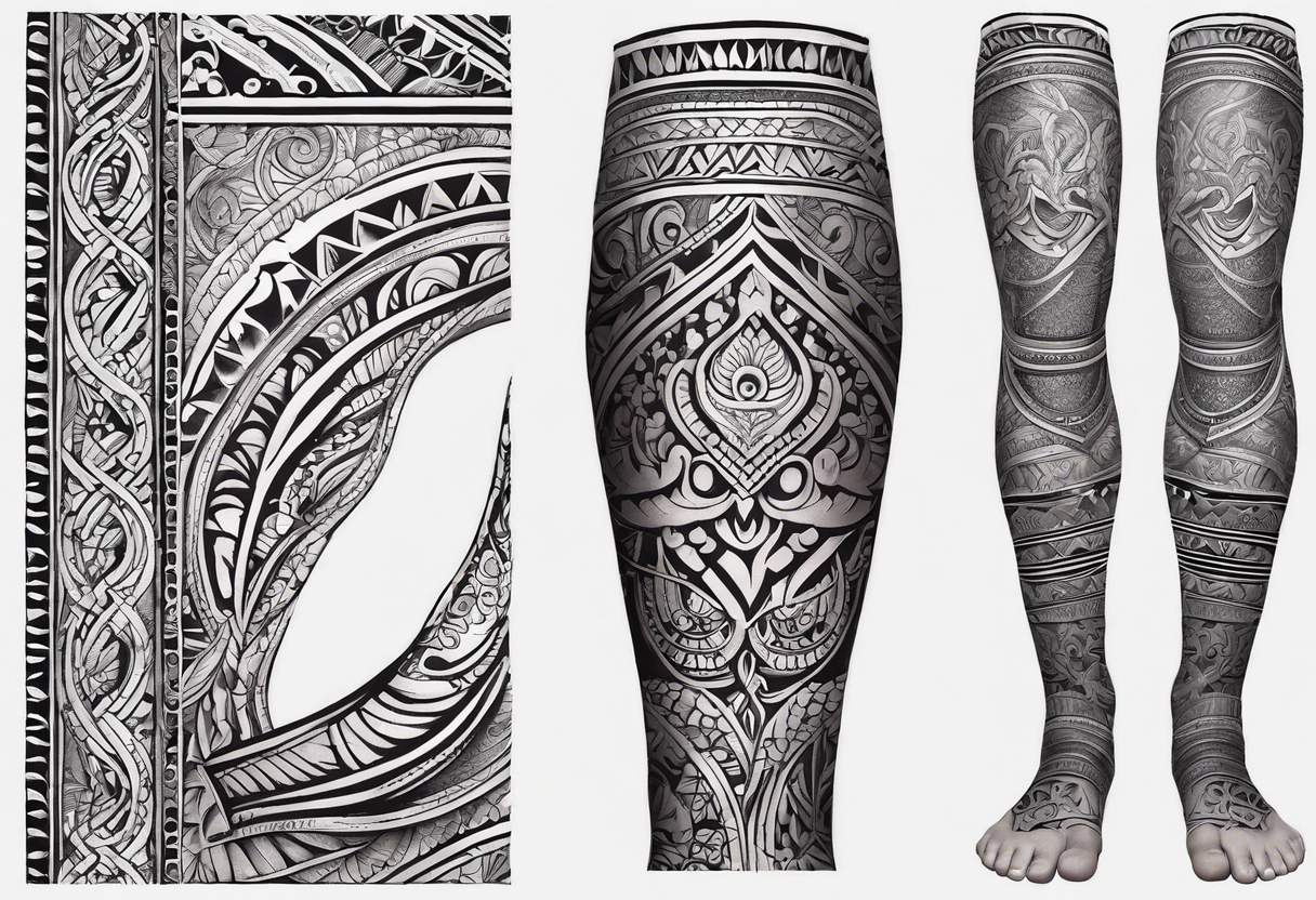 Hindu Sanskrit tribal design on right lower leg, below knee to top