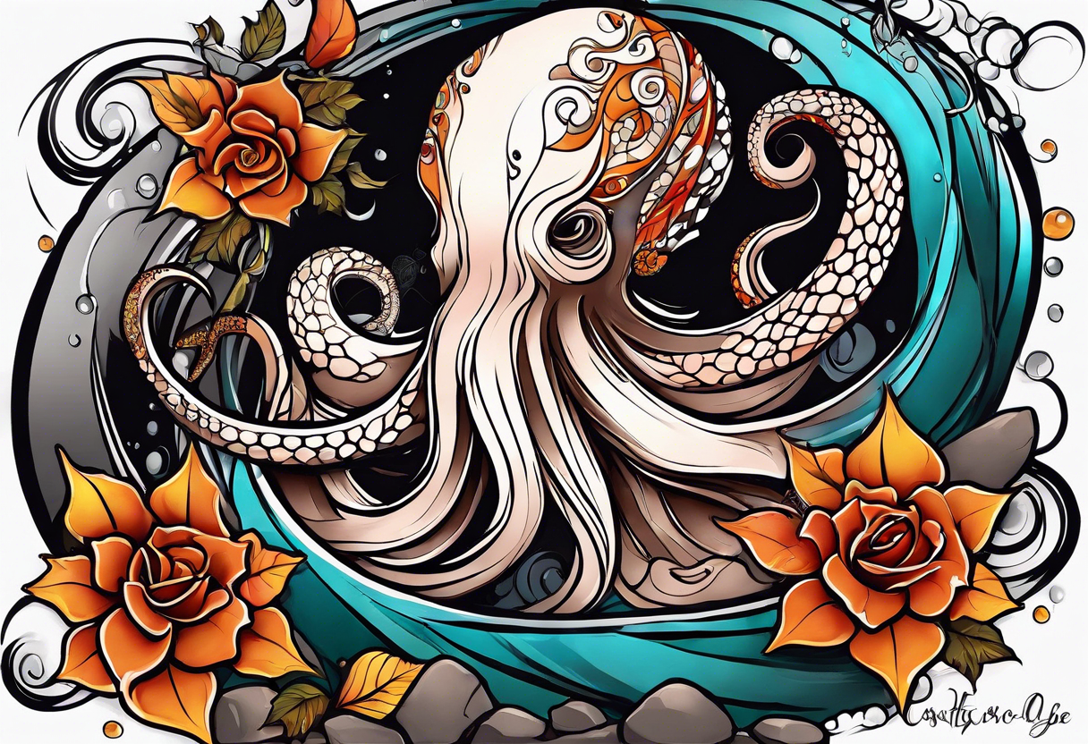 masculine abstract left thigh tattoo with a large long flowing octopus in water swirls wrapping around rocks, with a rose, in fall colors with some small leaves and fall elements tattoo idea