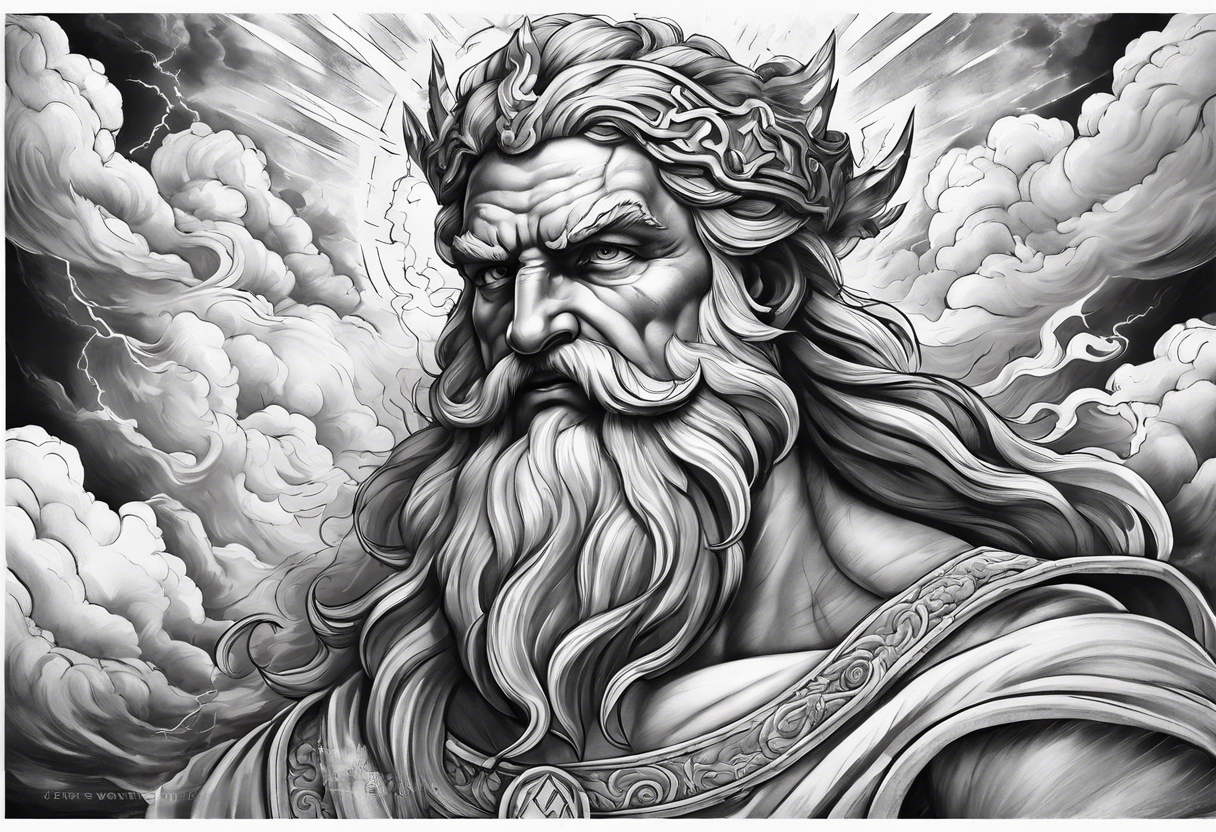 Zeus with a lightning bolt on clouds and Hades in hell below tattoo idea