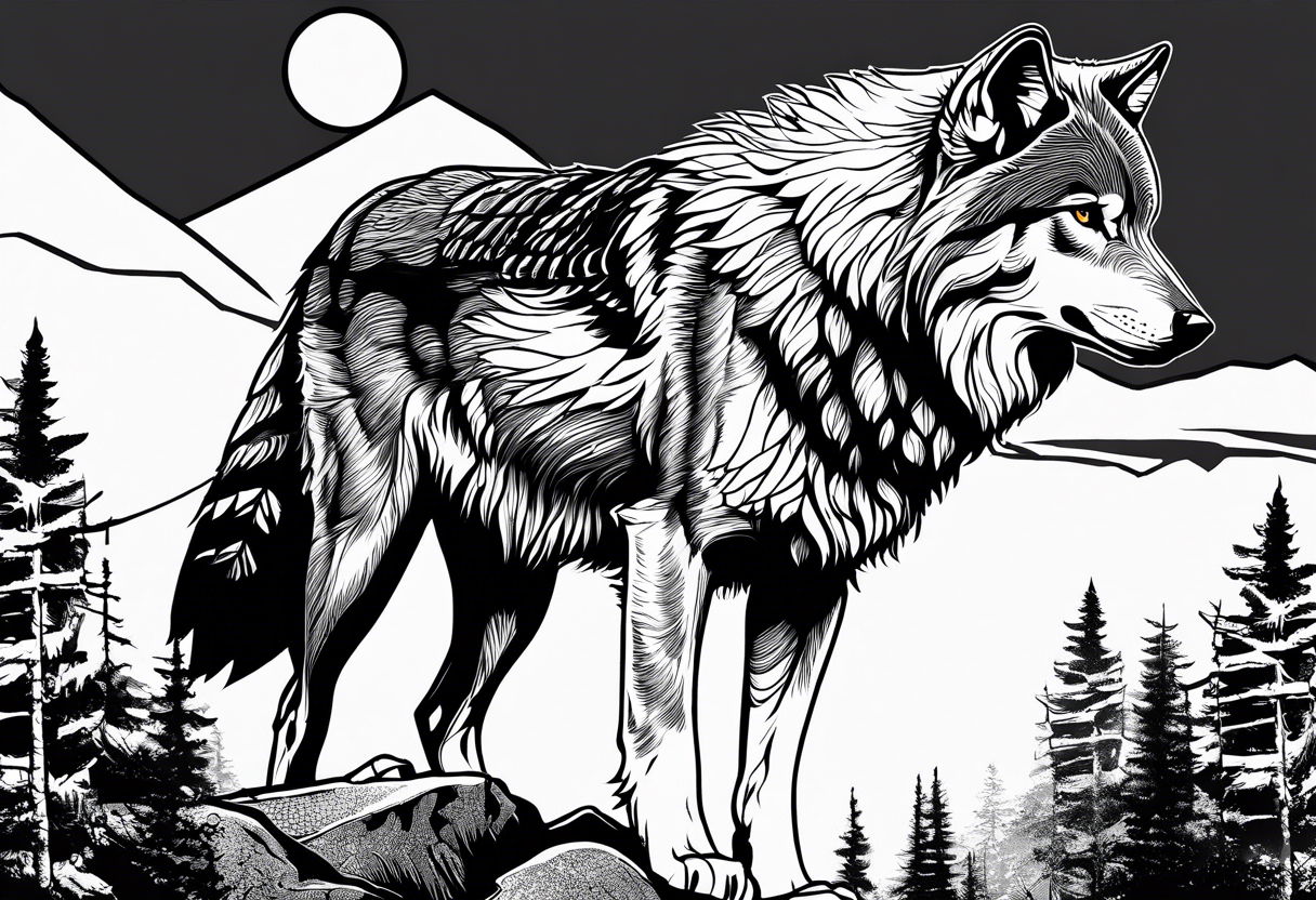 Hawk, Wolf, Nature Scenery, names Grayson, Bennett, Layden, Xavian, Amelia, Braxton tattoo idea