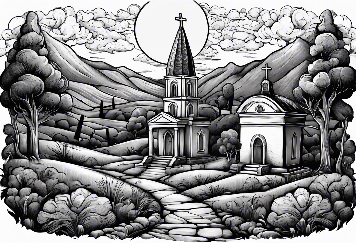 Graveyard with moon and greek church on hills with clouds tattoo idea