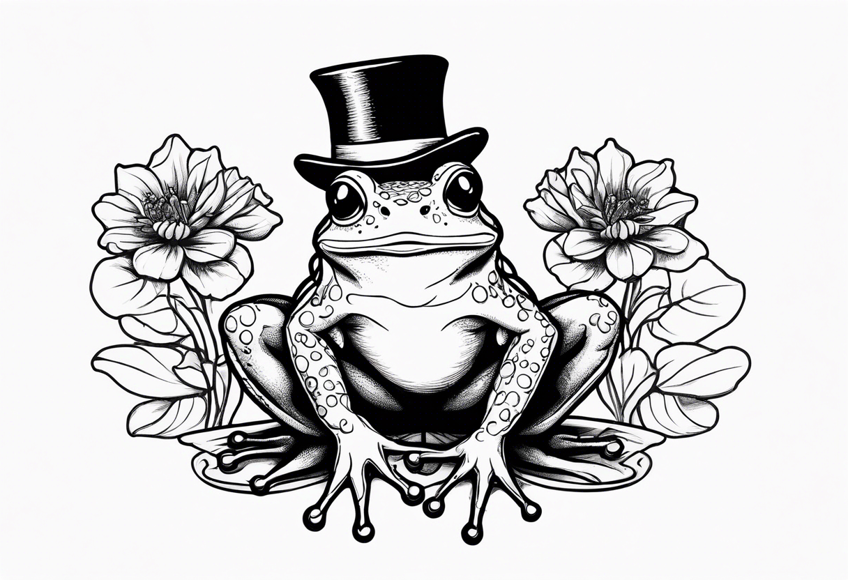 Cute Frog smiling wearing top hat and a suit standing on its Back legs while holding flowers tattoo idea