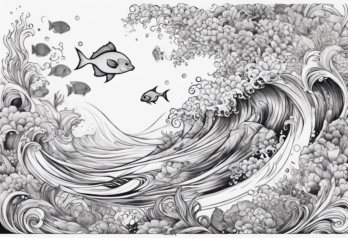 Underwater Sea creatures feminine cascading upwards tattoo idea