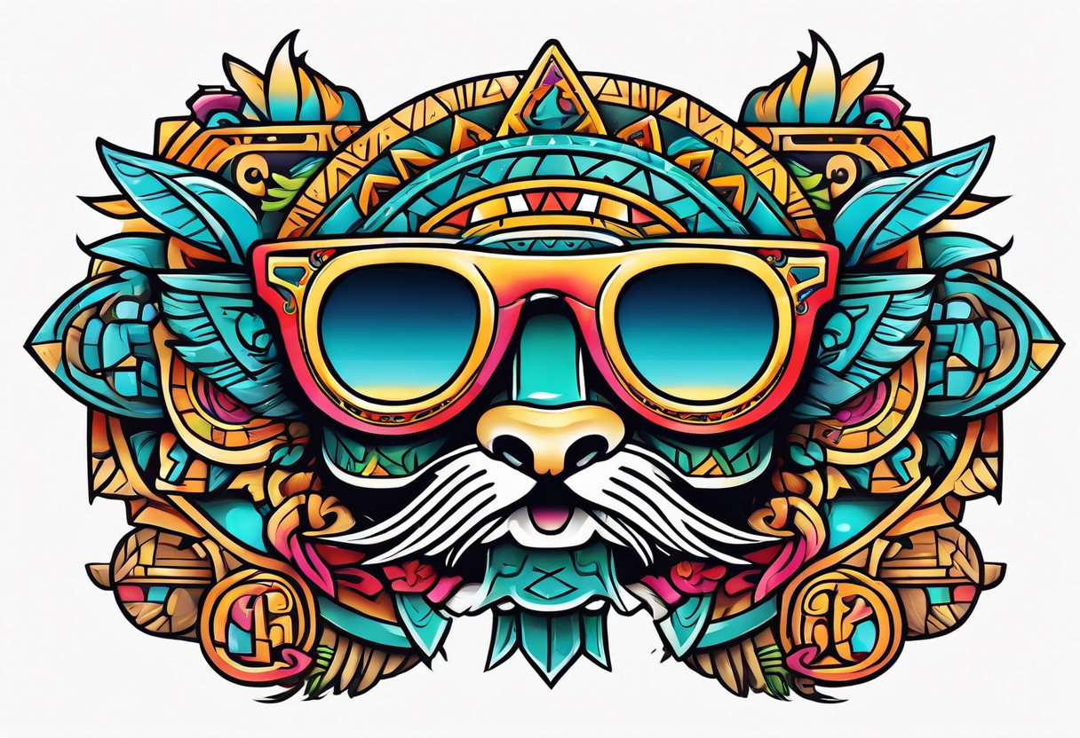 Colorful simple Mayan hieroglyph wearing sunglasses tattoo idea