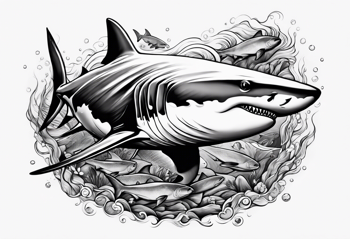 Shark swimming with fish tattoo idea