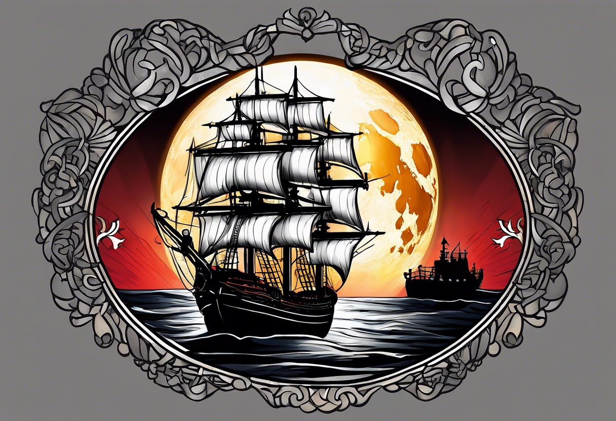 A Portuguese and a German flag with a Portuguese ship caravela in the middle on a dark night with a big moon light tattoo idea