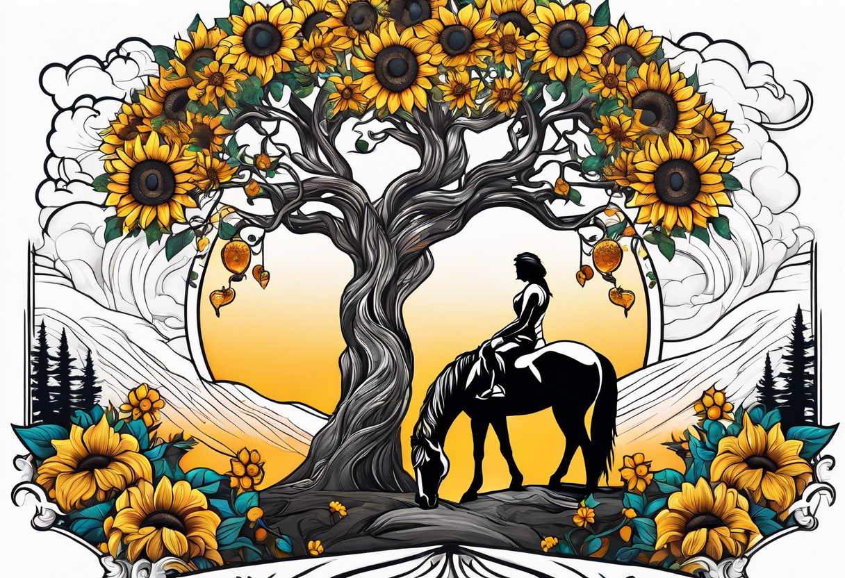 Yggdrasil tree, horse in front of it, and sunflowers tattoo idea