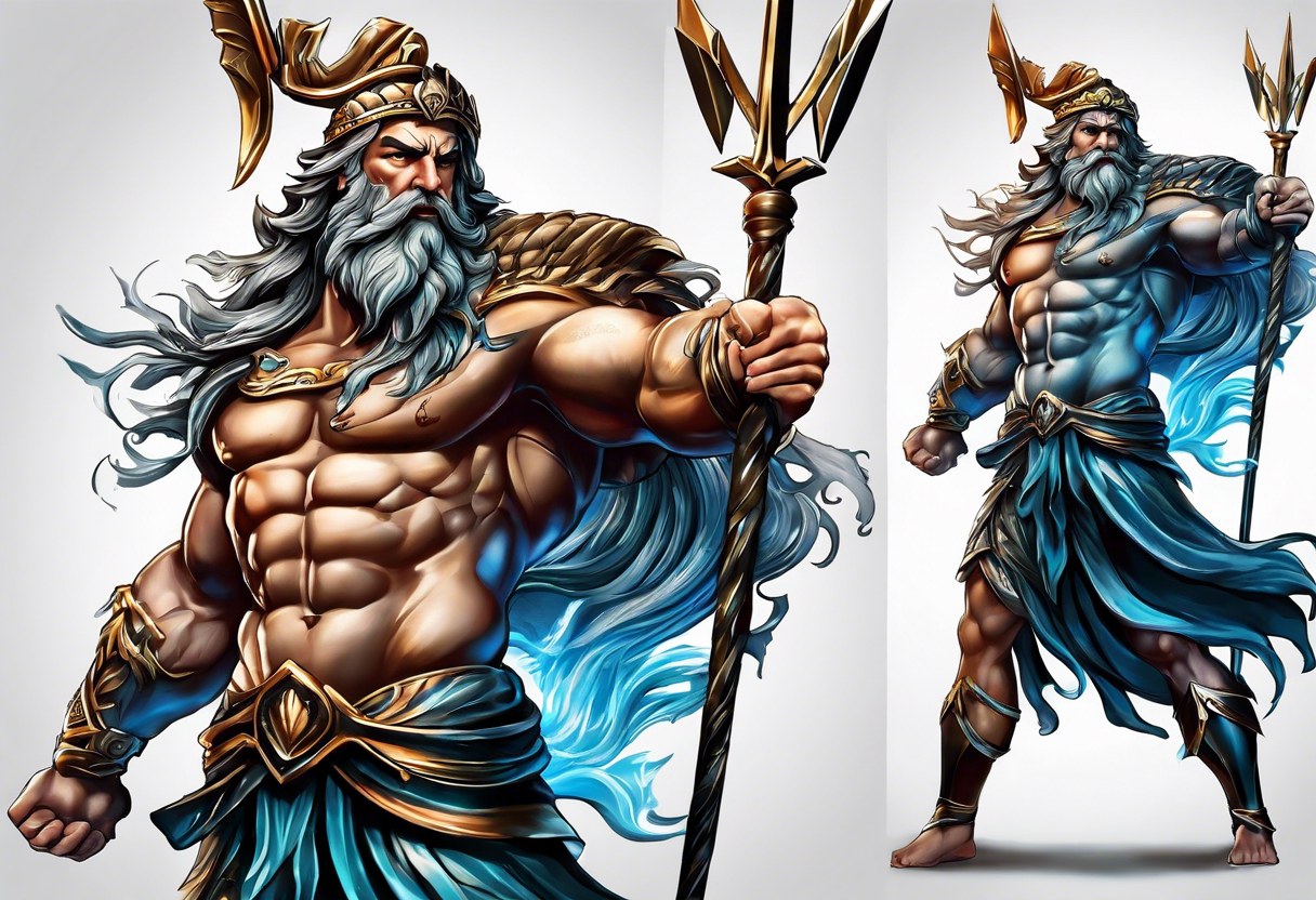 Poseidon with arrows in his back, full of anger and pain kneeling on his knee.
Make it look realistic, muscular and him masculine tattoo idea