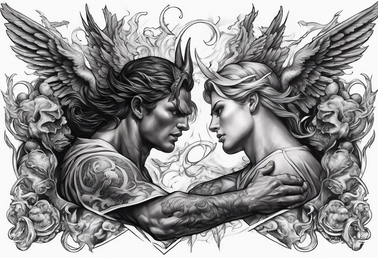 Angel vs demon battle scene half sleeve tattoo idea