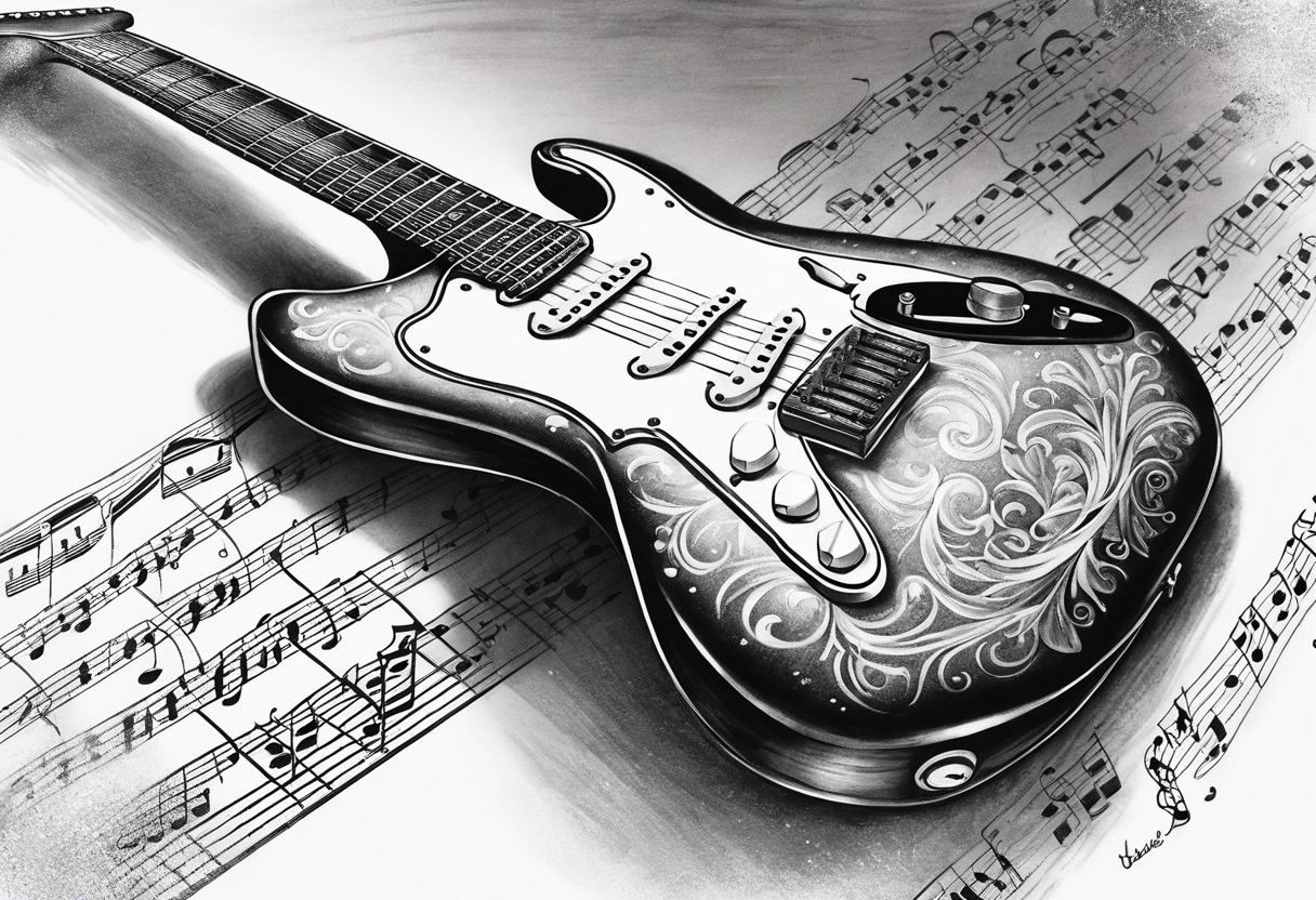 Electric guitar fading into sheet music tattoo idea