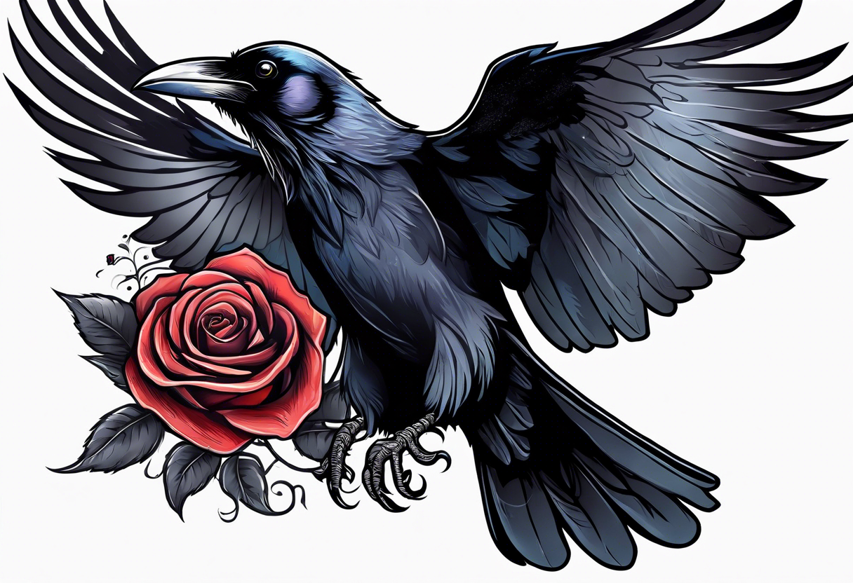 a beautiful raven flying in the night sky with a rose in its claws tattoo idea