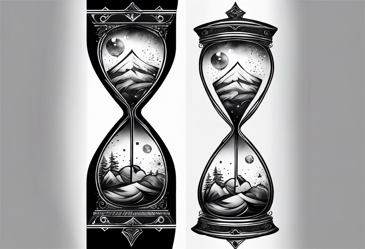 Hourglass, cosmic dust exploding from the top and bottom of the hourglass. Long tattoo to fit on the forearm, masculine tattoo idea