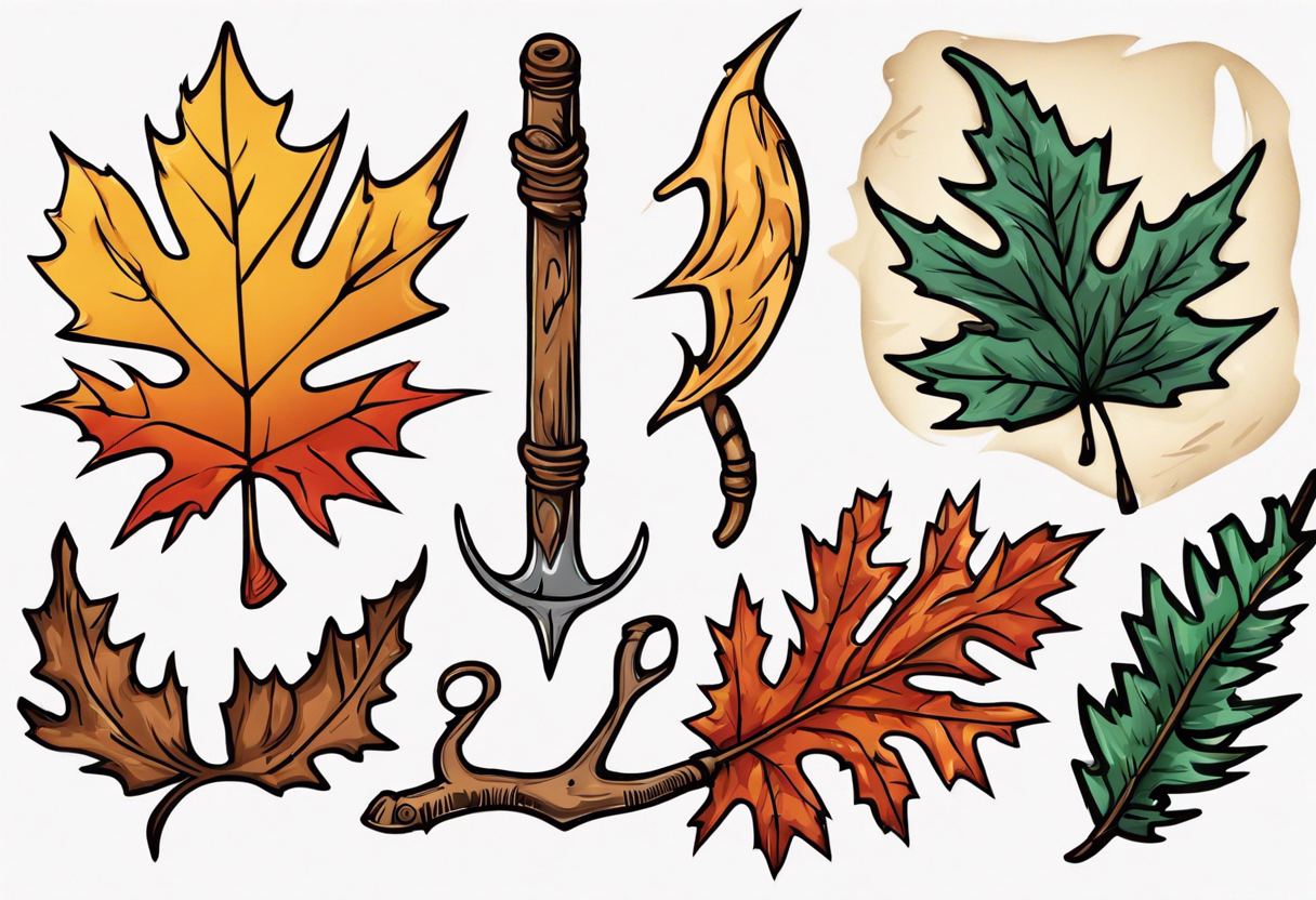 A druid sickle with a oak leaf in the spring, a birch leaf in the summer, a maple leaf with fall colors, and a pine leaf in the winter tattoo idea