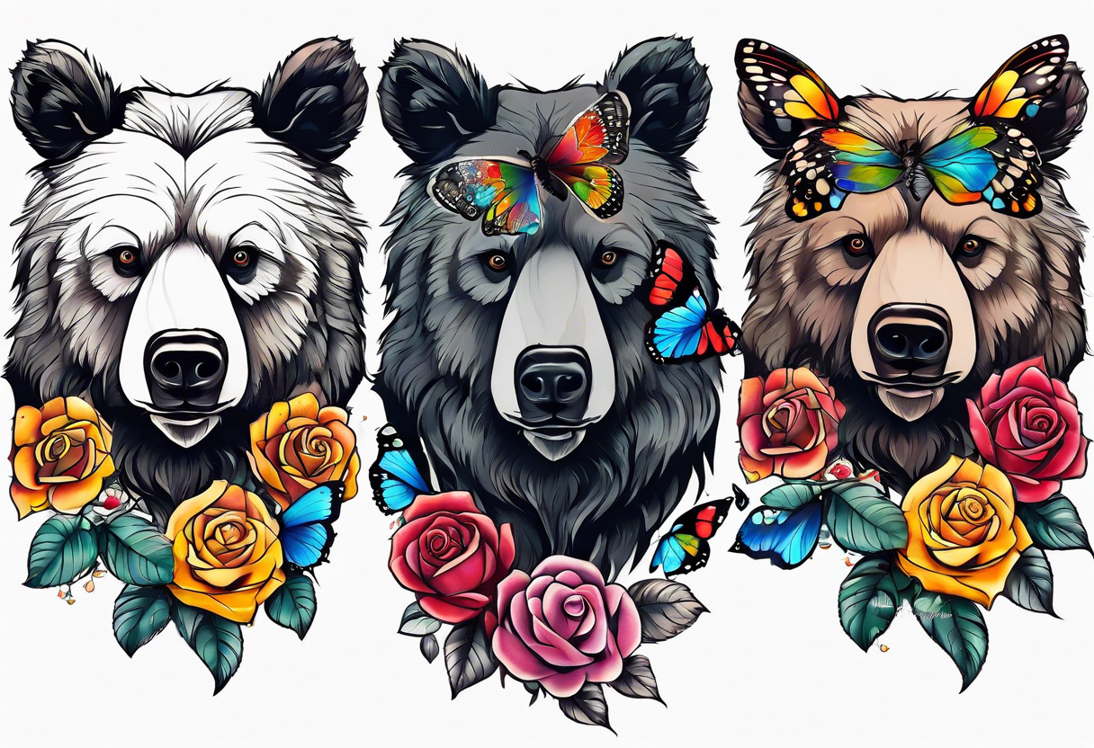 Bear under the tree of life with multicolor roses and three butterflies for an upper arm tattoo. tattoo idea