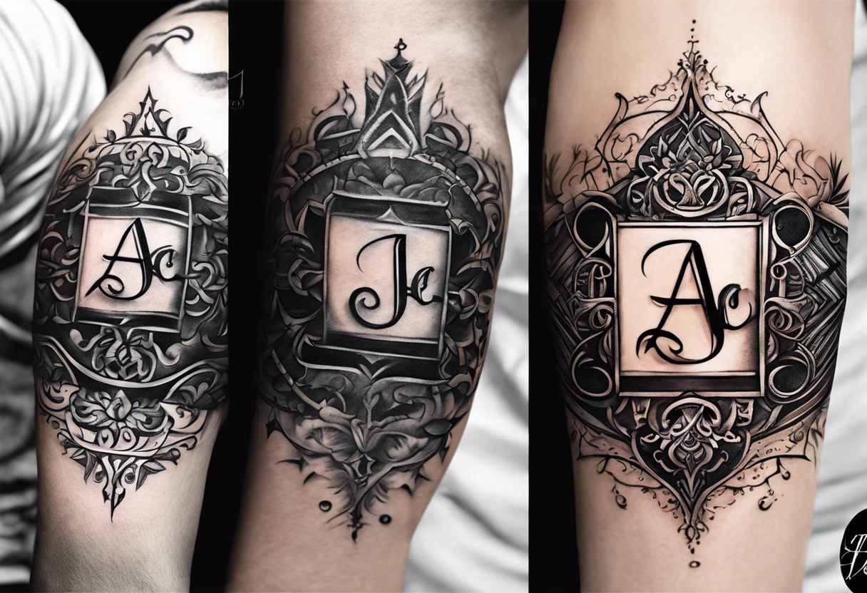 I want to design a tattoo that has the letters A, J, D, E mixed together like a design in harmony with old chaligraphy. I don't want additional images but just the letters tattoo idea