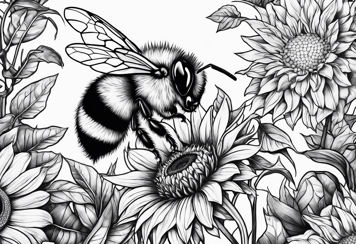 Scene featuring a bumble bee, a lemur, and a sunflower tattoo idea